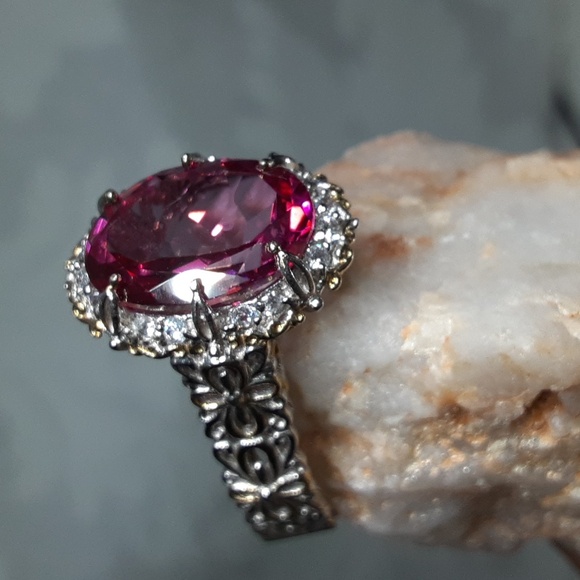 925 Two Tone Pink Topaz And White Zircon Ring.